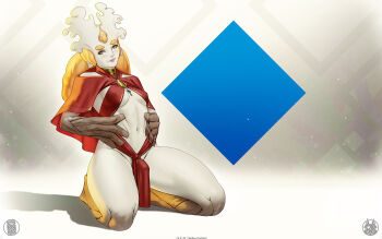 1girl artist_logo artist_name blonde_hair breasts bulge commentary dated english_commentary futanari gold highres logo long_hair monster_girl navel original plant_girl solo themaestronoob tree_bark white_hair