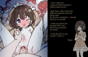 1boy 1girl bad_link blood blush bow bow_bra bow_panties bra brown_bra brown_hair brown_panties comodox crying crying_with_eyes_open dashed_eyes defloration english_text flower hair_flower hair_ornament hetero loli long_hair maryn_(comodox) missionary nail_polish navel nipples nude one_eye_closed open_mouth original panties panties_around_leg penis pov pov_crotch purple_eyes purple_nails pussy rape sex sketch stomach_bulge tears underwear unworn_bra