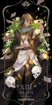 1boy azik_eggers bone brown_hair brown_pants brown_robe card card_(medium) closed_eyes closed_mouth dark-skinned_male dark_skin death_(tarot) falling_feathers feathers flower green_scarf highres lord_of_the_mysteries male_focus numbered pants plant robe roman_numeral scarf signature skull sleeping solo stamp_mark star_(symbol) tarot tarot_(medium) vanilla yuzhi