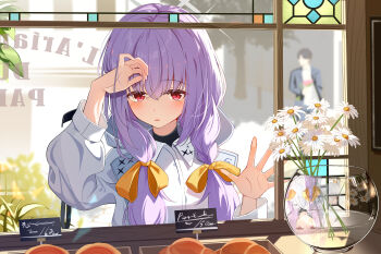 1boy 1girl absurdres atsuko_(blue_archive) bakery black_hair blue_archive blurry blurry_background blush bouquet bread collared_shirt commentary_request faceless faceless_male flower food hair_between_eyes hair_over_shoulder hair_ribbon highres holding holding_bouquet long_hair long_sleeves purple_hair red_eyes reflection reflective_water ribbon shirt shop sidelocks sikimosh solo_focus stained_glass standing tray vase white_flower white_shirt window