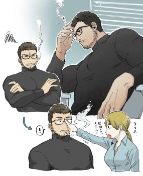 Rule 34 | 1boy, 1girl, beard stubble, black hair, blonde hair, blue shirt, chris redfield, cigarette, collared shirt, commentary request, facial hair, glasses, highres, holding, holding cigarette, jill valentine, low ponytail, ponytail, resident evil, resident evil village, shirt, smoking, stubble, t (t345678912)