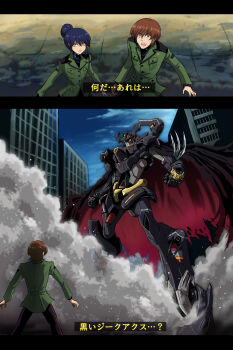 1boy 1girl absurdres arm_blade black_getter black_hair brown_hair cape commentary_request fujitaka_nasu getter_robo glowing glowing_eyes gquuuuuux green_eyes gundam gundam_gquuuuuux hair_bun highres jacket long_hair long_sleeves looking_at_viewer mecha military_uniform mobile_suit mole mole_under_mouth nyaan_(gundam_gquuuuuux) open_mouth pants parody robot science_fiction shin_getter_robo shirt short_hair spiked_knuckles spikes style_parody torn_clothes translation_request v-fin weapon xavier_olivette yellow_eyes