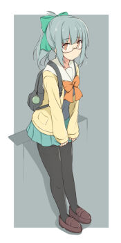 1girl backpack bag black_bag black_pantyhose blue_shirt blush bow brown_eyes brown_shoes cardigan commentary_request from_side full_body glasses green_bow green_hair green_skirt hair_between_eyes hair_bow highres kantai_collection kugui_kiyunemu loafers long_hair long_sleeves looking_at_viewer miniskirt open_cardigan open_clothes orange_bow pantyhose pleated_skirt ponytail sailor_collar shadow shirt shoes sidelocks skirt solo thighband_pantyhose white_sailor_collar yellow_cardigan yuubari_(kancolle)