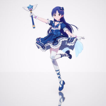 1girl 3d arm_up autodesk_3ds_max_(medium) blender_(medium) blue_bow blue_bowtie blue_choker blue_dress blue_hair blue_shoes bow bowtie brown_eyes ch2haya_p choker closed_mouth dress dress_bow frilled_choker frills full_body gloves hair_bow high_heels highres holding holding_wand idolmaster idolmaster_(classic) kisaragi_chihaya leg_up light_smile long_hair looking_at_viewer magical_girl puffy_short_sleeves puffy_sleeves reflective_floor shoes short_sleeves solo standing standing_on_one_leg star_wand thighhighs wand white_background white_gloves white_thighhighs winged_wand zbrush_(medium)
