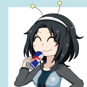 Rule 34 | 1girl, antennae, aqclk, black hair, black shirt, blue jacket, can, closed eyes, drink, energy drink, girls und panzer, girls und panzer phase erika, grey sleeves, hairband, holding, holding can, holding drink, jacket, keizoku military uniform, open clothes, open jacket, red bull, shirt, short hair, smile, touko (girls und panzer)