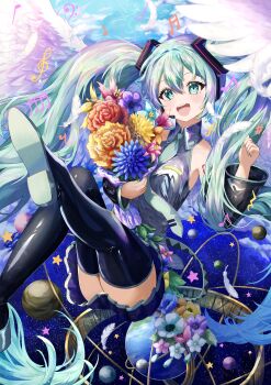 1girl absurdres angel angel_wings aqua_eyes aqua_hair aqua_necktie aqua_trim arm_tattoo black_skirt black_sleeves blue_flower bouquet breasts collarbone commentary detached_sleeves falling_feathers feathered_wings feathers flower foot_out_of_frame grey_shirt hair_between_eyes hair_ornament hatsune_miku headset highres holding holding_bouquet long_hair long_sleeves miniskirt musical_note necktie number_tattoo pleated_skirt red_flower shirt skirt sleeveless sleeveless_shirt small_breasts smile solo tattoo thighs tie_clip twintails very_long_hair vocaloid werewolf_kg white_wings wide_sleeves wings yellow_flower