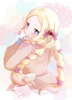 1girl absurdres beatrice_(re:zero) blonde_hair blue_eyes blush bow braid closed_mouth crown from_behind hair_ornament hair_ribbon highres long_hair long_sleeves looking_at_viewer looking_back pink_ribbon pink_sweater rain_re_a re:zero_kara_hajimeru_isekai_seikatsu ribbon sidelocks smile solo sweater symbol-shaped_pupils twin_braids upper_body