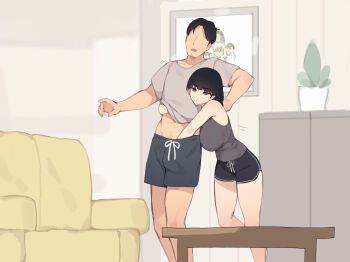 1boy 1girl akiyama_fumika_(pepper0) akiyama_ryosuke_(pepper0) black_hair black_shorts breasts couch faceless faceless_male father_and_daughter grey_shirt hand_under_clothes hand_under_shorts handjob handjob_under_clothes hetero highres incest indoors large_breasts original pepper0 photo_(object) plant reach-around shirt shorts standing t-shirt table