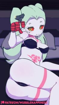 Rule 34 | 1girl, :3, animated, artist name, ass, black bra, black panties, blue skin, bra, breasts, cameltoe, colored sclera, colored skin, come hither, commentary, covered erect nipples, cyberpunk: edgerunners, cyberpunk (series), english commentary, feet out of frame, female focus, foreshortening, grabbing own ass, green eyes, green hair, headgear, highres, jiggle, joints, looking at viewer, lying, neck tattoo, on bed, on side, panties, rebecca (cyberpunk), red sclera, robot joints, seductive smile, sitting, small breasts, smile, solo, spanking, stomach tattoo, tattoo, thighs, twintails, underwear, video, wubblehappiness, yokozuwari