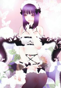 1girl belt_bra black_choker black_ribbon black_thighhighs blush bra breasts bug butterfly chair choker cleavage cosplay cuffs floral_background flower fukuda_shinichi garter_belt garter_straps hand_on_own_face highres insect kitagawa_marin kuroe_shizuku kuroe_shizuku_(cosplay) large_breasts maid maid_headdress medium_hair navel non-web_source official_art on_chair pantyhose purple_eyes purple_hair ribbon sitting sono_bisque_doll_wa_koi_wo_suru thighhighs third-party_source unconventional_maid underwear white_bra