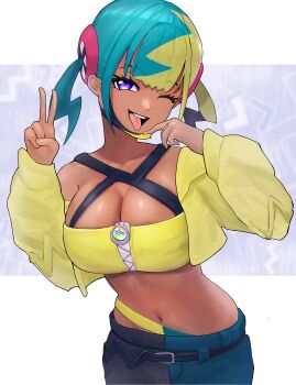 1girl absurdres aqua_hair bandeau belt black_belt black_mask black_pants blonde_hair blue_eyes blue_pants breasts canari_(pokemon) cleavage criss-cross_straps cropped_jacket dark-skinned_female dark_skin highres jacket large_breasts long_sleeves looking_at_viewer mask mask_pull mega_stone mouth_mask multicolored_hair navel nintendo one_eye_closed open_mouth pants pokemon pokemon_legends:_z-a short_twintails smile solo split-color_hair sports_bra teeth tongue tongue_out twintails two-tone_hair two-tone_mask two-tone_pants upper_teeth_only v yellow_bandeau yellow_jacket yellow_mask yellow_sports_bra yodokogon