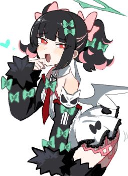 Rule 34 | 1girl, bare shoulders, black hair, black sleeves, black thighhighs, blush, bow, breasts, colored inner hair, commentary request, cowboy shot, dress, from side, fur-trimmed sleeves, fur trim, green bow, green halo, hair bow, half-closed eyes, halo, heart, leaning forward, looking at viewer, motion lines, multicolored hair, necktie, open mouth, pink bow, red eyes, red necktie, rokudu sariel, rotroto, short twintails, simple background, small breasts, solo, thighhighs, too many bows, twintails, white background, white dress, white wings, wings, zenless zone zero