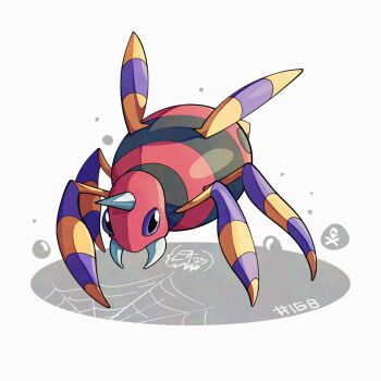 ariados full_body gen_2_pokemon horns looking_at_viewer mistray-art nintendo no_humans pokemon pokemon_(creature) purple_eyes signature simple_background single_horn solo white_background