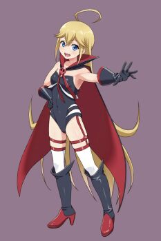 1girl ahoge armpits black_boots black_gloves black_leotard blonde_hair boots breasts cape full_body gloves hand_up leopard_(yatterman) leotard nigou no_eyewear open_mouth red_cape simple_background small_breasts solo thigh_strap thighhighs thighs time_bokan_(series) white_thighhighs yatterman yoru_no_yatterman