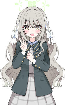 Rule 34 | 1girl, blue archive, bow, bowtie, brown eyes, brown hair, collared shirt, green bow, green bowtie, green halo, green jacket, grey skirt, hair bow, halo, highres, jacket, long hair, long sleeves, looking at viewer, miyo (blue archive), open mouth, plaid clothes, plaid skirt, sateto (user knrf2332), school uniform, shirt, skirt, smile, solo, striped bow, striped bowtie, striped clothes, upper body, v, white bow, white shirt