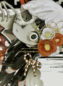1girl black_hair bone closed_mouth commentary_request dot_nose expressionless floral_print floral_print_kimono flower highres isa_(31q_13) japanese_clothes kimono lace_trim long_hair ofuda original pale_skin print_kimono red_flower rope shimenawa skeletal_hand skull solo veil white_eyes white_flower white_veil