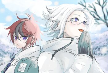 2boys absurdres ahoge aotsuki_eito black_gloves black_streaks blue_eyes breath cold commentary_request drawstring glasses gloves grey_hair grey_jacket highres hood hoodie jacket jacket_over_hoodie kawati looking_ahead looking_at_another male_focus multicolored_hair multiple_boys open_clothes open_jacket outdoors own_hands_together palms_together parted_lips purple_eyes red_hair semi-rimless_eyewear short_hair smile snow streaked_hair sumino_takumi the_hundred_line_-last_defense_academy- two-tone_hair white_hoodie white_jacket wind winter