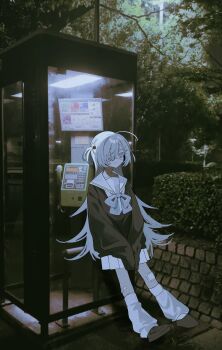 1girl ahoge black_sweater brown_shoes closed_mouth collarbone eyepatch full_body hair_between_eyes hair_intakes highres leg_warmers long_hair medical_eyepatch original outdoors phone_booth sailor_collar shoes si_(wooupp) skirt smile solo sweater very_long_hair white_hair white_leg_warmers white_sailor_collar white_skirt