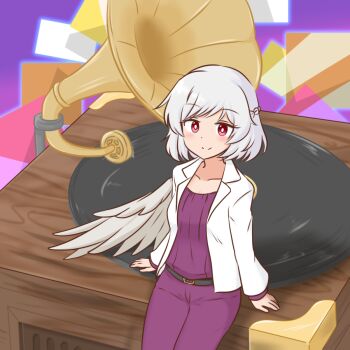 1girl adapted_costume blush bright_pupils closed_mouth collarbone commentary_request jacket kishin_sagume long_sleeves looking_at_viewer mizusoba pants phonograph purple_pants red_eyes short_hair sitting solo touhou white_hair white_jacket white_pupils