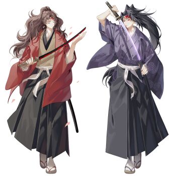 2boys black_hair brown_hair closed_mouth colored_sclera commentary_request earrings haori high_ponytail highres japanese_clothes jewelry kimetsu_no_yaiba kimono kokushibou long_hair long_sleeves male_focus multiple_boys ponytail sal_gun sandals simple_background sword tsugikuni_yoriichi weapon wide_sleeves