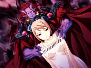 1girl brown_eyes brown_hair demon game_cg harem_party moriuji_waka