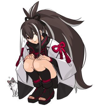 1girl ? black_eyes black_hair black_scarf cat chietori fate/grand_order fate_(series) highres japanese_clothes kawakami_gensai_(fate) kawakami_gensai_(first_ascension)_(fate) long_hair long_sleeves looking_at_viewer ponytail scarf solo squatting twitter_username white_hair