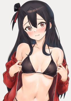 1girl absurdres bare_shoulders bikini black_bikini black_hair blush breasts brown_eyes commentary_request embarrassed furrowed_brow grey_background hair_between_eyes hair_rings highleg highleg_bikini highres jacket koori_chikage long_hair long_sleeves looking_at_viewer man12sikata-04 medium_breasts navel nogi_wakaba_wa_yuusha_de_aru off_shoulder one_side_up open_clothes open_jacket parted_lips red_jacket simple_background single_hair_ring solo stomach string_bikini swimsuit track_jacket upper_body wavy_mouth yuusha_de_aru