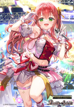 1girl arm_up bare_shoulders battle_spirits breasts commentary_request crop_top detached_sleeves fujima_takuya gloves green_eyes hair_between_eyes holding holding_microphone idol idol_clothes long_hair looking_at_viewer medium_breasts microphone midriff navel noa_fleur official_art pleated_skirt puffy_short_sleeves puffy_sleeves red_hair short_sleeves skirt socks solo standing standing_on_one_leg v veil very_long_hair white_gloves white_skirt white_sleeves white_socks white_veil