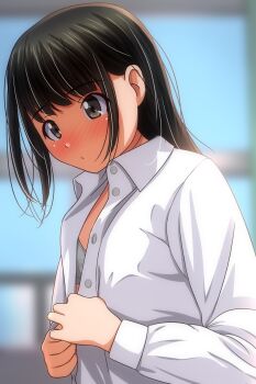 1girl absurdres black_hair blurry blurry_background blush bra breasts brown_eyes collared_shirt commentary_request dressing grey_bra highres long_hair long_sleeves looking_at_viewer matsunaga_kouyou open_clothes open_shirt original puffy_long_sleeves puffy_sleeves shirt small_breasts solo underwear white_shirt