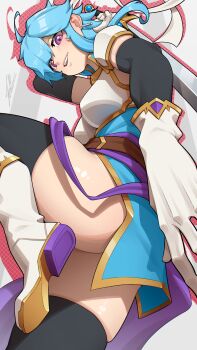 1girl absurdres ahoge armor ass belt blue_hair blue_tunic boots breastplate breasts commission commissioner_upload earrings elbow_gloves fire_emblem fire_emblem:_genealogy_of_the_holy_war from_below gloves headband highres holding holding_sword holding_weapon jewelry knee_up legs looking_at_viewer looking_down medium_breasts nintendo original popped_collar purple_eyes sash selia_(mrtalkingdino) short_hair sidelocks simple_background skindentation sleeveless smile solo sword tettora thick_thighs thighs tomboy tunic vgen_commission weapon white_headband