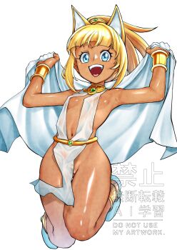 1girl ancient_egyptian_clothes animal_ears anklet areola_slip armpits blonde_hair blue_eyes bracelet breasts cat_ears dark-skinned_female dark_skin dress emit_x eyebrows_hidden_by_hair fake_animal_ears full_body groin highres holding holding_towel jewelry jumping looking_at_viewer medium_hair mega_man_(series) navel no_panties open_mouth pelvic_curtain roll_(mega_man) see-through_clothes see-through_dress simple_background small_breasts smile solo tan teeth towel upper_teeth_only variant_set wet wet_clothes wet_dress white_background white_dress