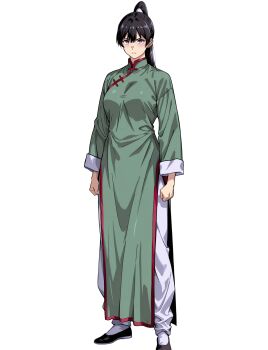 1girl absurdres black_hair black_shoes brown_eyes china_dress chinese_clothes commentary_request dress fist_in_hand green_dress highres kokoro_no_koibito kung_fu kung_fu_(ensemble_stars!) long_hair long_sleeves martial_arts original ponytail self-upload serious shoes solo standing