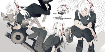 alternate_costume black_shirt chibi hair_over_one_eye highres honkai:_star_rail honkai_(series) jing_yuan long_hair lying male_focus mississipping multiple_views on_stomach pants red_ribbon ribbon shirt short_sleeves sitting squatting t-shirt