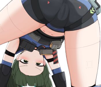 1girl android ass bike_shorts black_shorts cameltoe closed_mouth covered_anus dot_mouth green_eyes green_hair highres loli looking_through_own_legs police police_uniform policewoman qingyi_(zenless_zone_zero) short_hair short_shorts shorts simple_background solo tagyeokgam twintails white_background zenless_zone_zero