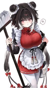 1girl anger_vein apron black_hair breasts broom double_bun dress frilled_apron frills hair_bun hashtag-only_commentary highres holding holding_broom jia_xichun_(project_moon) limbus_company long_hair maid maid_apron multicolored_hair pantyhose parted_lips project_moon red_dress red_eyes simple_background solo speech_bubble spoken_anger_vein streaked_hair twintails very_long_hair white_apron white_background white_hair white_pantyhose yuchan_00001