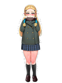 Rule 34 | 1girl, alternate costume, backpack, bag, black socks, blonde hair, blue skirt, blush, braid, brown scarf, brown shoes, buttons, closed mouth, coat, cold, commentary request, contemporary, crown braid, double-breasted, ear blush, full body, gloves, green coat, green eyes, highres, kneehighs, loafers, long hair, long sleeves, looking at viewer, nintendo, plaid clothes, plaid skirt, pleated skirt, pointy ears, princess zelda, scarf, shoes, simple background, skirt, socks, solo, standing, straight-on, the legend of zelda, the legend of zelda: breath of the wild, trembling, wasabi (legemd), white background, yellow gloves