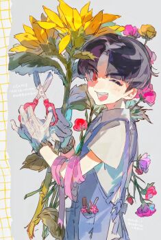 Rule 34 | 1boy, black hair, flower, gardening, gardening shears, highres, holding, holding scissors, male focus, maruko gaku, one eye closed, open mouth, parted bangs, parted hair, red eyes, scissors, simple background, solo, solo focus, standing, teeth, the hundred line -last defense academy-, tongue, upper teeth only, white background, wings