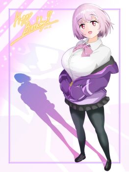 1girl :d black_pantyhose black_shoes black_skirt bow bowtie breasts commentary_request dated dress_shirt gridman_universe hands_in_pockets happy_birthday highres hood hoodie kasaja large_breasts open_mouth pantyhose pink_background pink_bow pink_bowtie pink_eyes pink_hair pleated_skirt purple_hoodie shadow shinjou_akane shirt shoes short_hair skirt smile ssss.gridman white_shirt