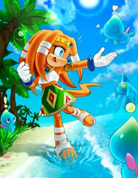 ! 1girl absurdres armlet beach blue_eyes blue_sky chao_(sonic) chaos_(sonic) circlet crop_top day furry furry_female gloves gold_armlet grass green_skirt heart highres jewelry open_mouth orange_fur orange_tail outdoors palm_tree sandals shirt sillyjira skirt sky sleeveless sleeveless_shirt solo_focus sonic_(series) tikal_the_echidna tree water white_gloves white_shirt