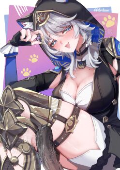 Rule 34 | 1girl, absurdres, animal ears, animal hood, armored boots, black gloves, blue eyes, boots, breasts, cat ears, cat girl, cat hood, cat tail, cipher (honkai: star rail), cleavage, commentary request, fingerless gloves, gloves, gold boots, grey hair, hibachaaa, highres, holding, holding jewelry, holding ring, honkai: star rail, honkai (series), hood, jewelry, mole, mole on breast, open mouth, paw print, paw print background, revision, ring, short hair with long locks, shorts, solo, tail, thighs, twitter username, white shorts, yellow nails