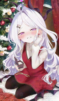 1girl adversarial_noise ahoge black_pantyhose blue_archive blush box christmas christmas_ornaments christmas_tree commentary_request curtains dress green_nails hair_intakes half-closed_eyes highres hina_(blue_archive) holding holding_box horns indoors long_sleeves looking_at_viewer low_wings masshirokachi multicolored_nails nail_polish pantyhose parted_bangs puffy_long_sleeves puffy_sleeves purple_eyes purple_wings red_dress red_nails sleeveless sleeveless_dress smile snow snowing solo sweater turtleneck turtleneck_sweater watermark white_hair white_sweater window wings