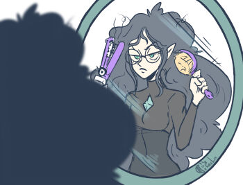 1girl black_hair breasts disney glasses hair_brush highres lilith_clawthorne messy_hair the_owl_house