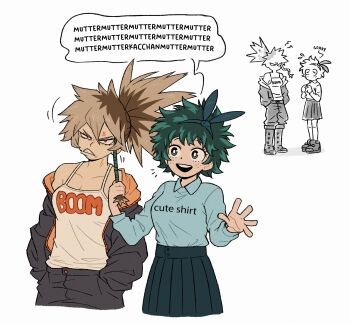 2girls :d absurdres bakugou_katsuki black_jacket blonde_hair boku_no_hero_academia brown_hair collared_shirt doodlelotl english_text freckles genderswap genderswap_(mtf) green_hair highres holding jacket kneehighs long_sleeves midoriya_izuku miniskirt multiple_girls multiple_views open_clothes open_jacket open_mouth pants ponytail pull rope shirt shoes short_hair skirt smile socks speech_bubble tank_top teeth upper_teeth_only