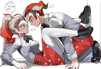 ... 1boy 1girl apron black_bow black_bowtie black_shoes bow bowtie collared_shirt commentary_request ebi_(shrimp_eleven) eye_contact from_side glasses griselle_(pokemon) grisham_(pokemon) highres jewelry looking_at_another multicolored_hair nintendo pants pantyhose pokemon pokemon_legends:_z-a red_hair ring shirt shoes shorts spoken_ellipsis sweatdrop triangle_print two-tone_hair waist_apron white-framed_eyewear