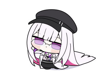 1girl absurdres beret blunt_bangs chibi colored_inner_hair commentary_request earrings full_body glasses hat highres honkai:_star_rail honkai_(series) jacket jewelry long_hair multicolored_hair neckerchief nihilux_(honkai:_star_rail) purple_eyes shinonome_nashi shirt very_long_hair white_background white_hair