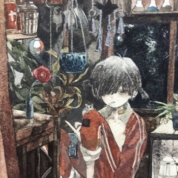 Rule 34 | 1girl, acrylic paint (medium), black hair, blush, bottle, breasts, brown eyes, cigarette, closed mouth, commentary request, curtains, earrings, expressionless, feet out of frame, flower, glass, highres, indoors, jacket, jewelry, karintoun, long sleeves, messy hair, necklace, night, open clothes, original, painting (medium), parted bangs, pendant, plant, potted plant, red jacket, shirt, short hair, sidelocks, simple background, sitting, small breasts, solo, standing, straight-on, table, traditional media, twintails, vase, watercolor (medium), white shirt, window, wooden table