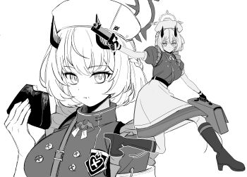 Rule 34 | 1girl, apron, bag, blue archive, boots, commentary request, demon girl, demon horns, dress, expressionless, food, grenade launcher, greyscale, halo, hat, highres, holding, holding bag, holding food, holding weapon, horns, jshnimzz, looking at viewer, monochrome, multiple views, nurse cap, onigiri, puffy short sleeves, puffy sleeves, sena (blue archive), short hair, short sleeves, simple background, waist apron, weapon, white background