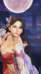 1girl 3d animal_print animated breasts brown_hair bustier butterfly_print capcom cleavage crossover fatal_fury female_focus fighting_stance folding_fan game_screenshot hair_down hair_ornament hand_fan haori highres holding holding_fan japanese_clothes large_breasts midriff navel official_alternate_costume official_alternate_hairstyle pants red_bustier red_pants shiranui_mai snk solo street_fighter street_fighter_6 video video_game_screencap