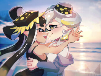 2girls beach black_hair blurry blurry_background blush boots bow-shaped_hair callie_(splatoon) chichi_band closed_mouth colored_eyelashes commentary_request cousins eyelashes facing_another gradient_hair green_hair hug inkling long_hair looking_at_another looking_at_viewer marie_(splatoon) multicolored_hair multiple_girls nintendo official_alternate_costume open_mouth outdoors pointy_ears short_hair smile splatoon_(series) splatoon_3 sunset tentacle_hair thick_eyebrows two-tone_hair yellow_eyes yuri