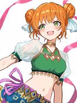 1girl breasts crop_top dancer double_bun fire_emblem fire_emblem:_the_blazing_blade green_eyes hair_bun highres larum_(fire_emblem) navel nintendo open_mouth orange_hair pink_ribbon puffy_short_sleeves puffy_sleeves ribbon see-through_clothes see-through_sleeves short_sleeves simple_background small_breasts solo teeth upper_body upper_teeth_only white_background yuurururun